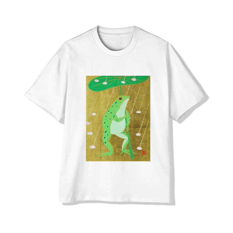 Unisex Frog with Lotus Leaf Umbrella Art Print Short Sleeved Crew Neck T-Shirt - White - 2XL - image 1