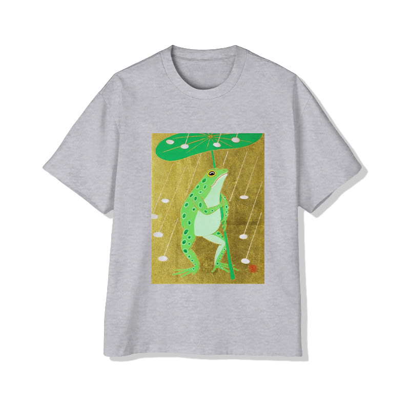 Unisex Frog with Lotus Leaf Umbrella Art Print Short Sleeved Crew Neck T-Shirt - Grey - 2XL - image 3