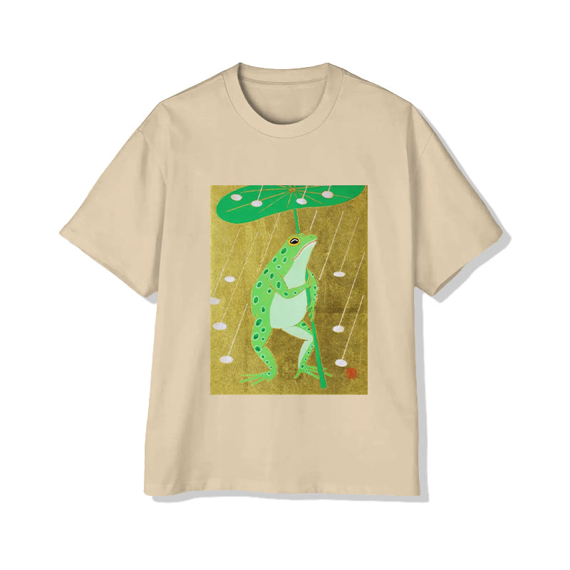 Unisex Frog with Lotus Leaf Umbrella Art Print Short Sleeved Crew Neck T-Shirt - Apricot - 2XL - image 2