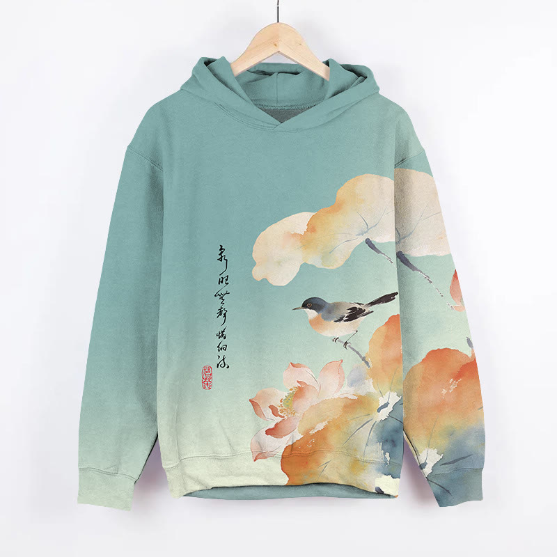Japanese Spring Watercolor Floral & Bird Art Print Long Sleeve Hoodie - Blue - US44-46(8XL) - image 2