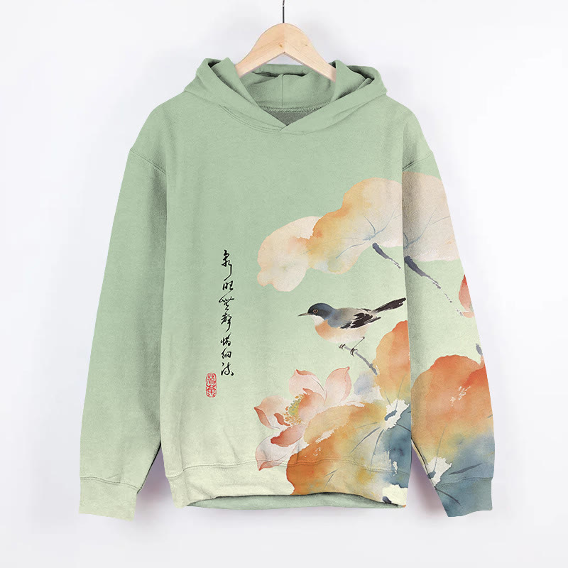 Japanese Spring Watercolor Floral & Bird Art Print Long Sleeve Hoodie - Green - US44-46(8XL) - image 1