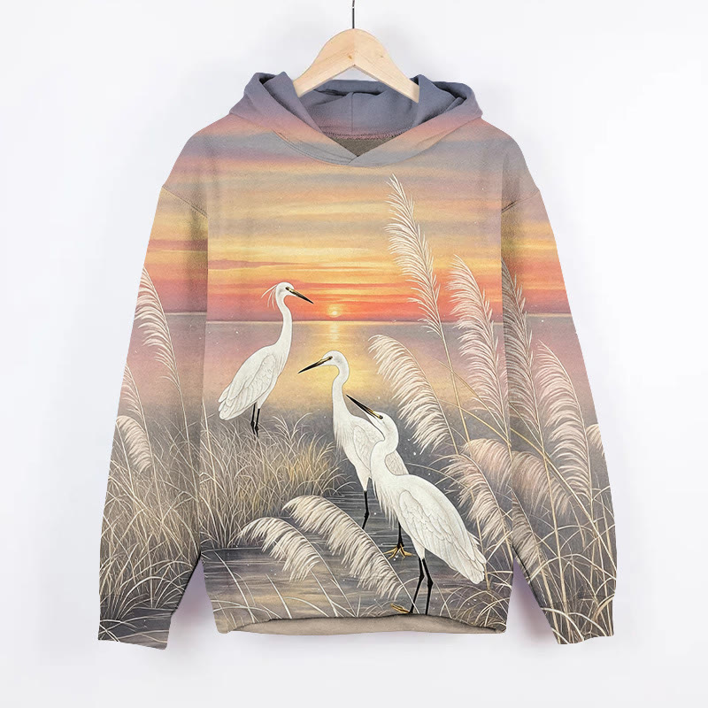Sunset White Cranes By The Reeds Art Print Long Sleeve Hoodie - Multicolor - US44-46(8XL) - image 1