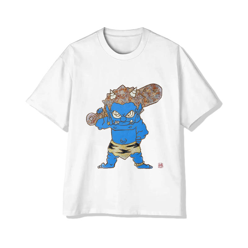 Unisex Blue Oni Character Art Print Short Sleeved Crew Neck T-Shirt - White - 2XL - image 2