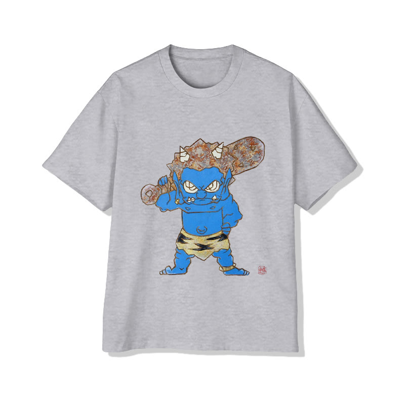 Unisex Blue Oni Character  Art Print Short Sleeved Crew Neck T-Shirt - Grey - 2XL - image 1