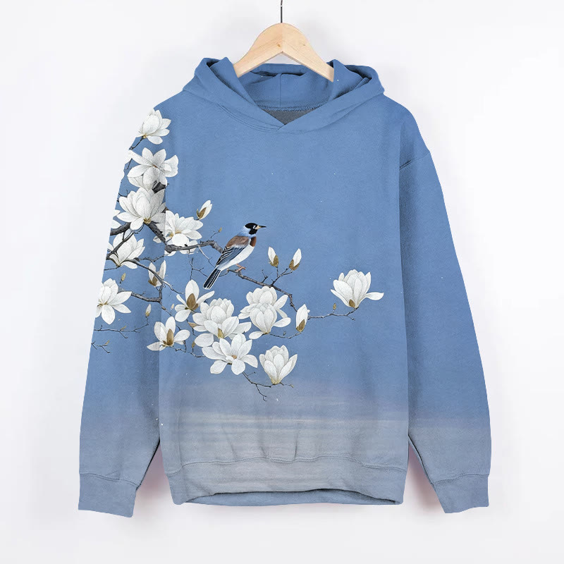 Vintage Bird On Magnolia Blossom Art Print Long Sleeve Hoodie - Blue - US44-46(8XL) - image 2