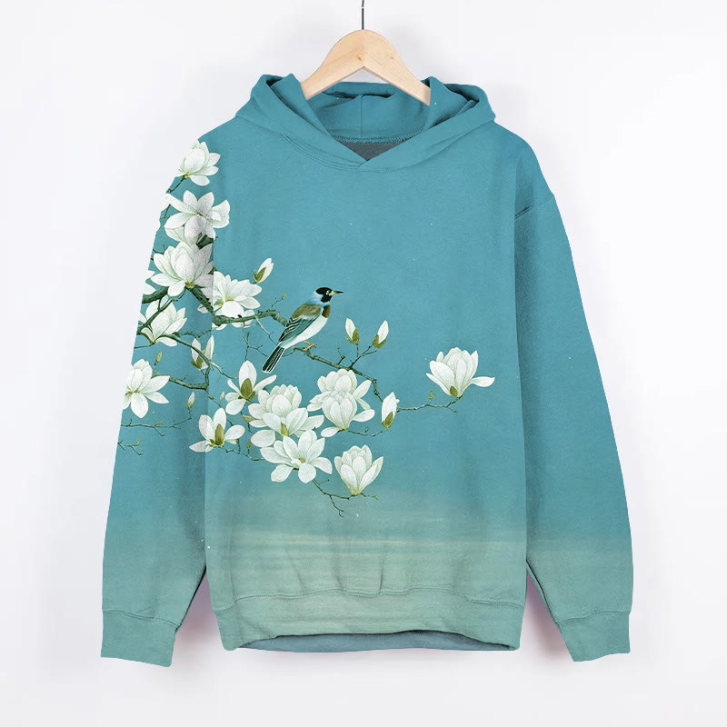 Vintage Bird On Magnolia Blossom Art Print Long Sleeve Hoodie - Green - US44-46(8XL) - image 1