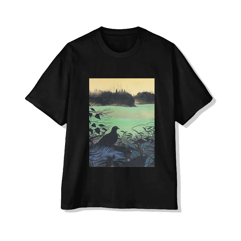 Unisex Woodland Bird And Nature Scene Art Print Short Sleeved Crew Neck T-Shirt - Black - 2XL - image 1