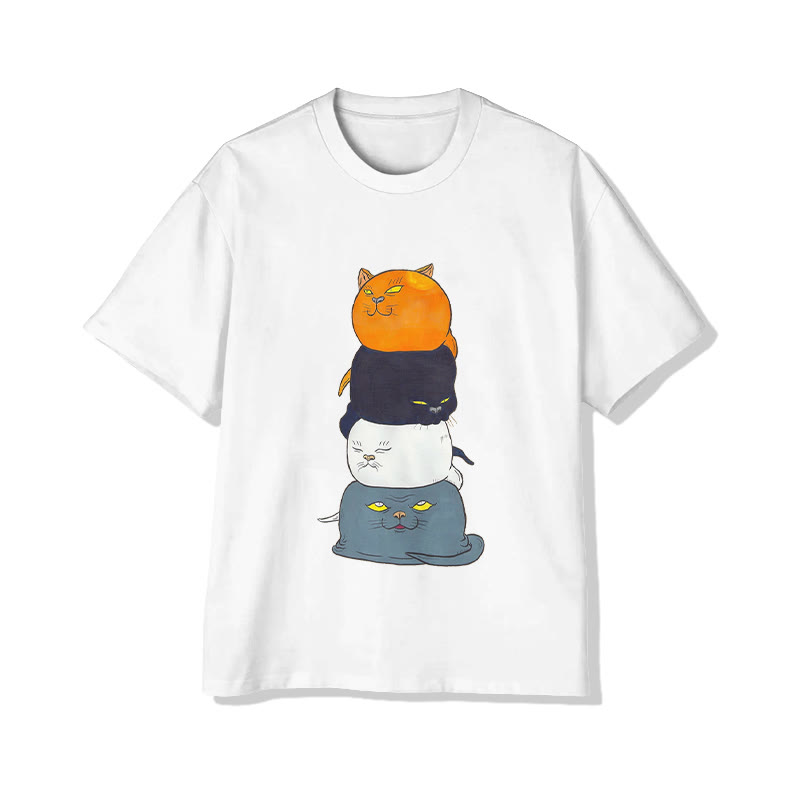 Unisex Stacked Cats Art Print Short Sleeved Crew Neck T-Shirt - White - 2XL - image 3
