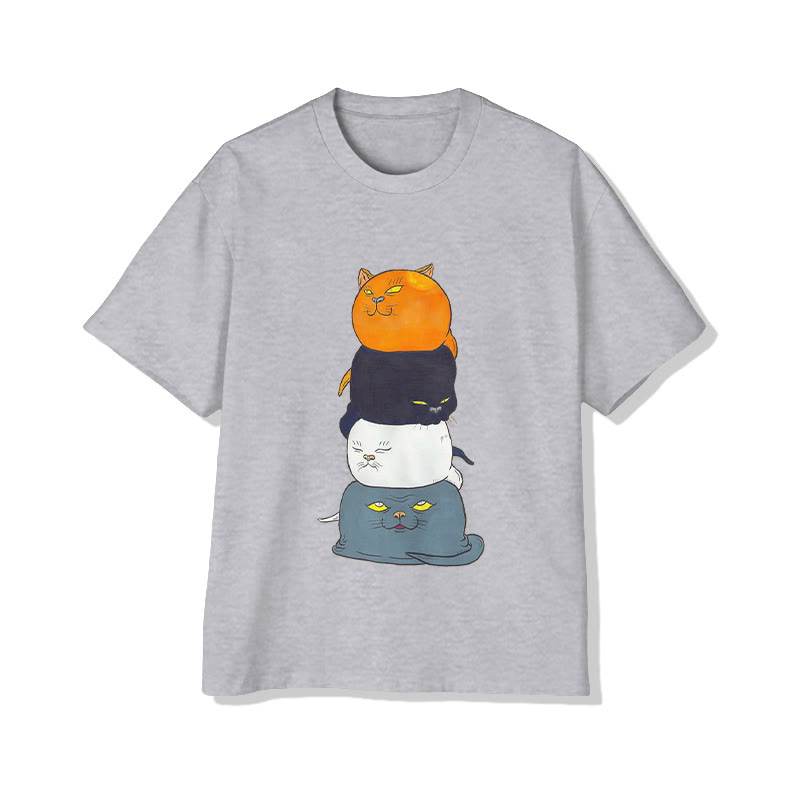 Unisex Stacked Cats Art Print Short Sleeved Crew Neck T-Shirt - Grey - 2XL - image 1
