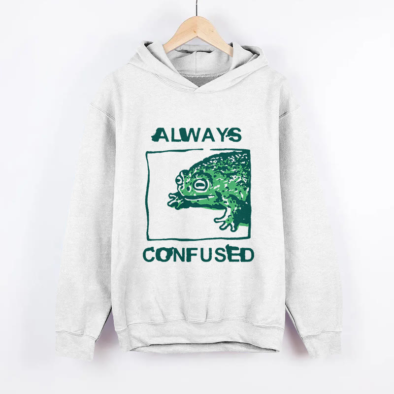 Unisex Always Confused Frog Print  Long Sleeved Hoodie - White - US44-46(8XL) - image 1
