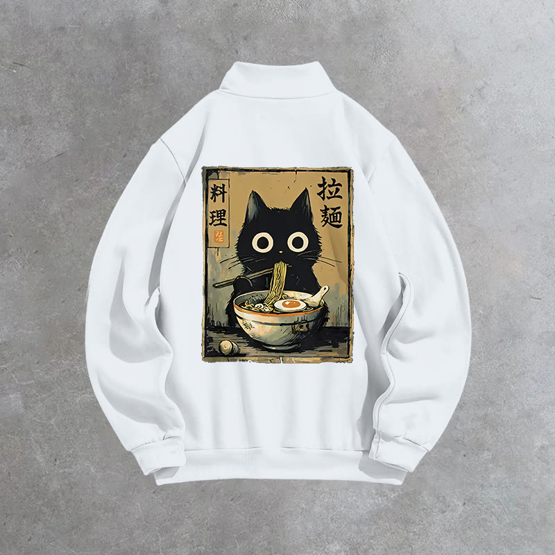 Unisex Cute Black Cat Eating Ramen Japan Classic Print Zip Sweatshirt - image 7