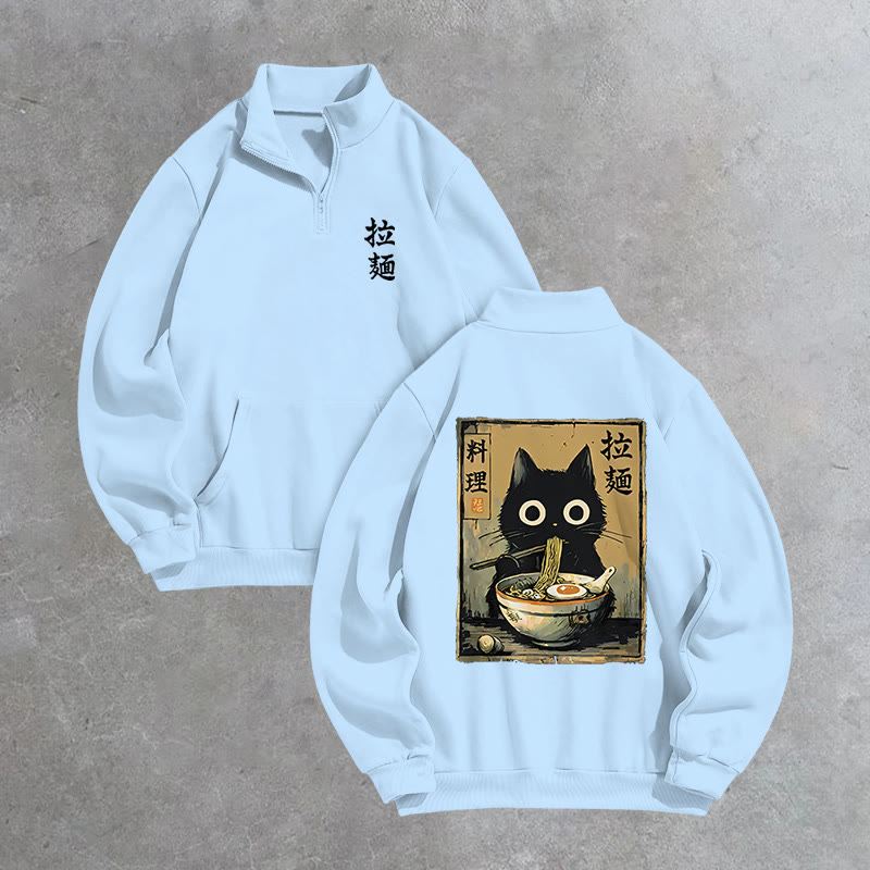 Unisex Cute Black Cat Eating Ramen Japan Classic Print Zip Sweatshirt - Light Blue - US16-18(2XL) - image 2