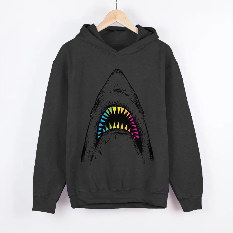 Unisex Neon Jaws Art Print Long Sleeved Hoodie - Dark Grey - US44-46(8XL) - image 2