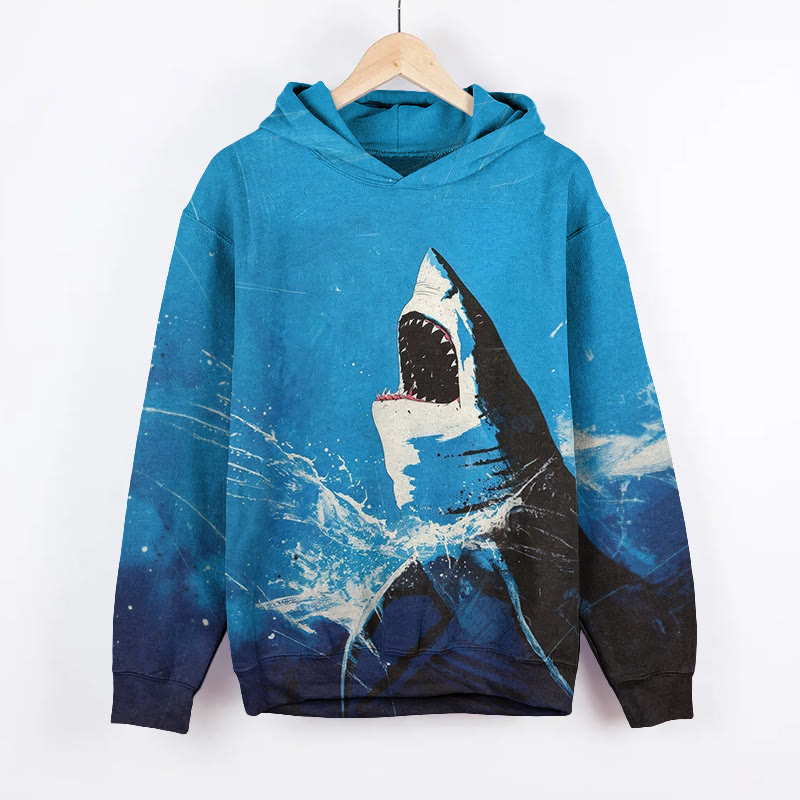 Unisex Vintage Shark Surge Print Long Sleeved Hoodie - Blue - US44-46(8XL) - image 1