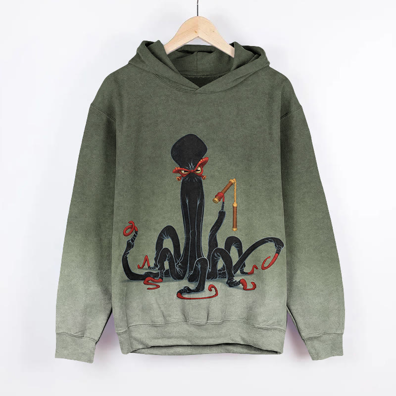 Unisex Anthropomorphic Octopus Art  Print Long Sleeved Hoodie - Olive Green - US44-46(8XL) - image 1