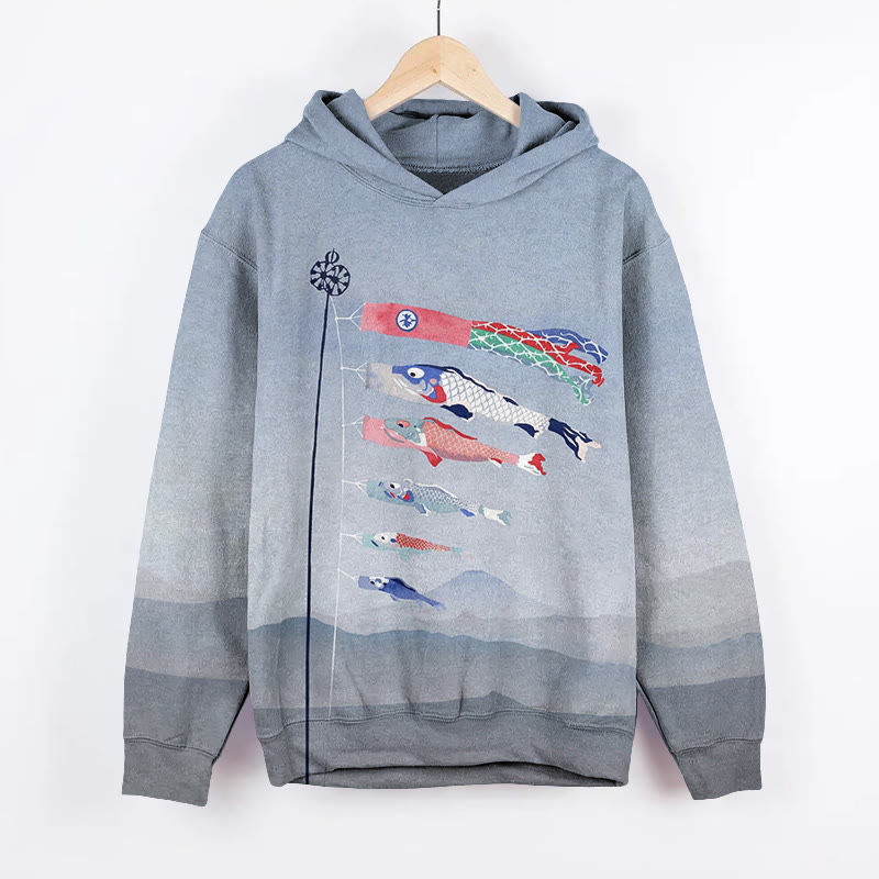 Unisex Japanese Koinobori Carp Flag Art  Print Long Sleeved Hoodie - Light Gray - US44-46(8XL) - image 1