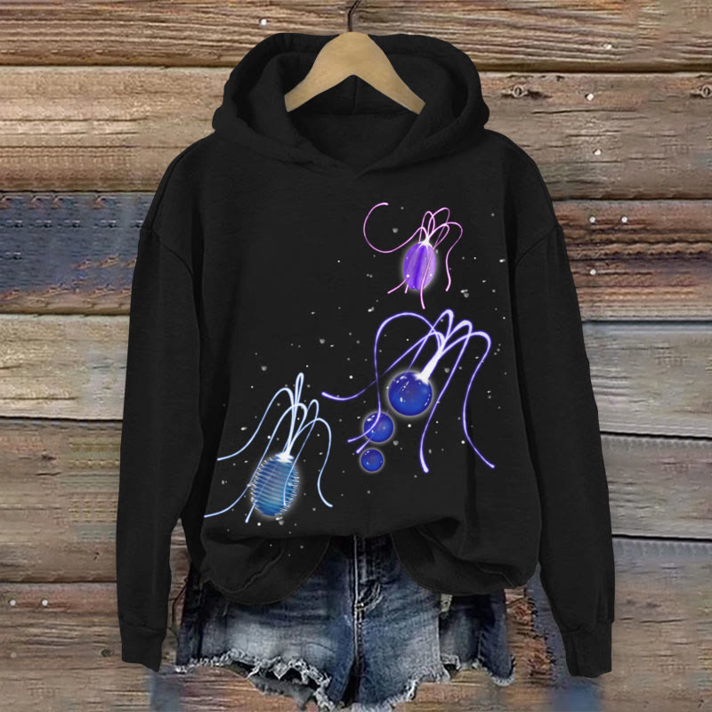 Luminous Light Bulb Jellyfish Art Print Long Sleeved Hoodie - Black - US44-46(8XL) - image 1