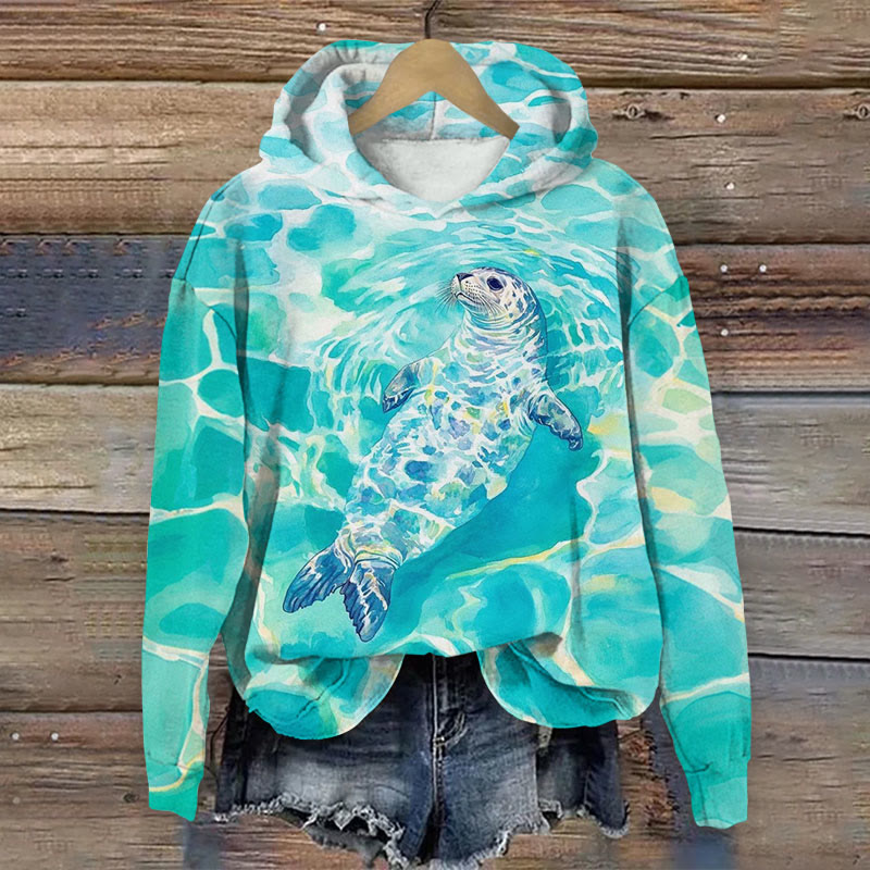 Watercolor Seal Underwater Art Print Long Sleeved Hoodie - Light Green - US44-46(8XL) - image 1