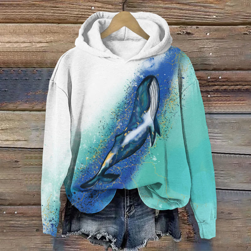 Watercolor Whale And Gold Leaf Art Pattern Long Sleeved Hoodie - White - US44-46(8XL) - image 1