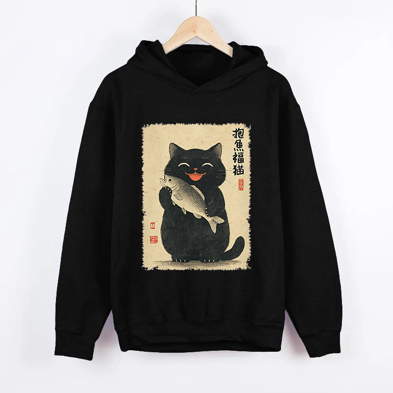 Unisex Lucky Cat’s Catch Pattern Long Sleeved Hoodie - Black - US44-46(8XL) - image 1