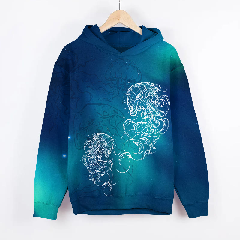 Unisex Dreamy Aurora Jellyfish Ocean Art Print Long Sleeve Hoodie - Blue - US44-46(8XL) - image 1