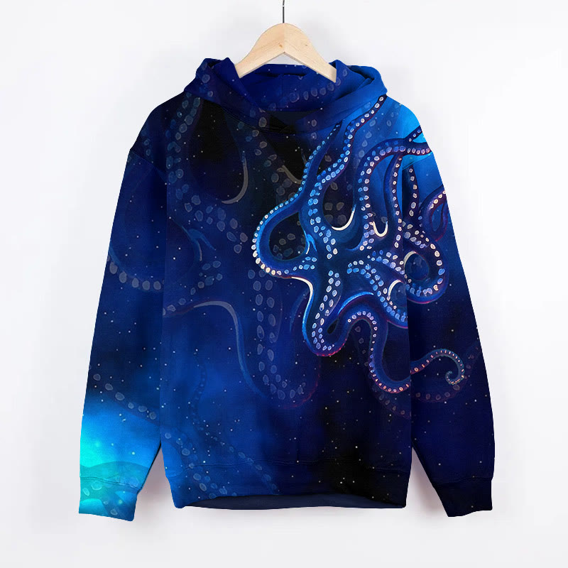 Unisex Aurora Glow Octopus Ocean Art Print Long Sleeve Hoodie - Blue - US44-46(8XL) - image 1