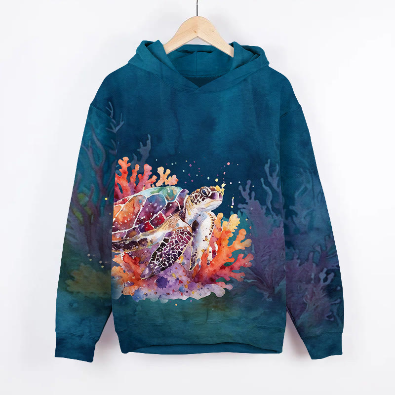 Unisex Underwater Coral And Sea Turtle Art Print Long Sleeve Hoodie - Blue - US44-46(8XL) - image 2