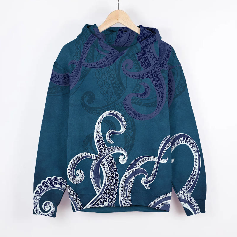Unisex Octopus Pattern Art Print Long Sleeve Hoodie - Blue - US44-46(8XL) - image 1