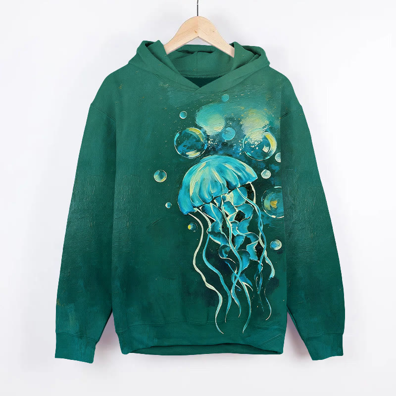 Unisex Underwater Jellyfish Art Print Long Sleeve Hoodie - Green - US44-46(8XL) - image 2