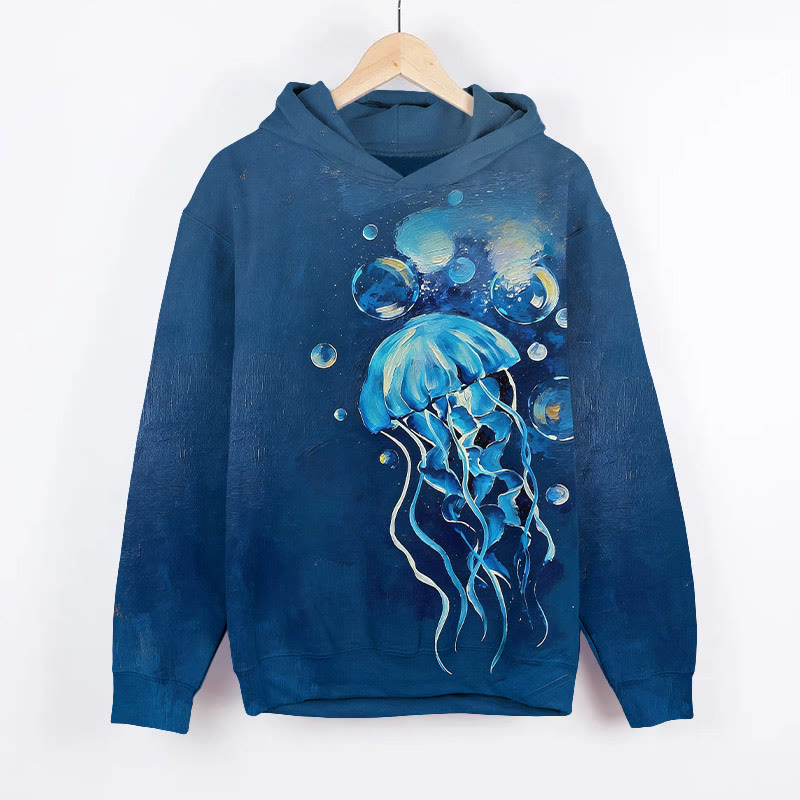Unisex Underwater Jellyfish Art Print Long Sleeve Hoodie - Blue - US44-46(8XL) - image 1