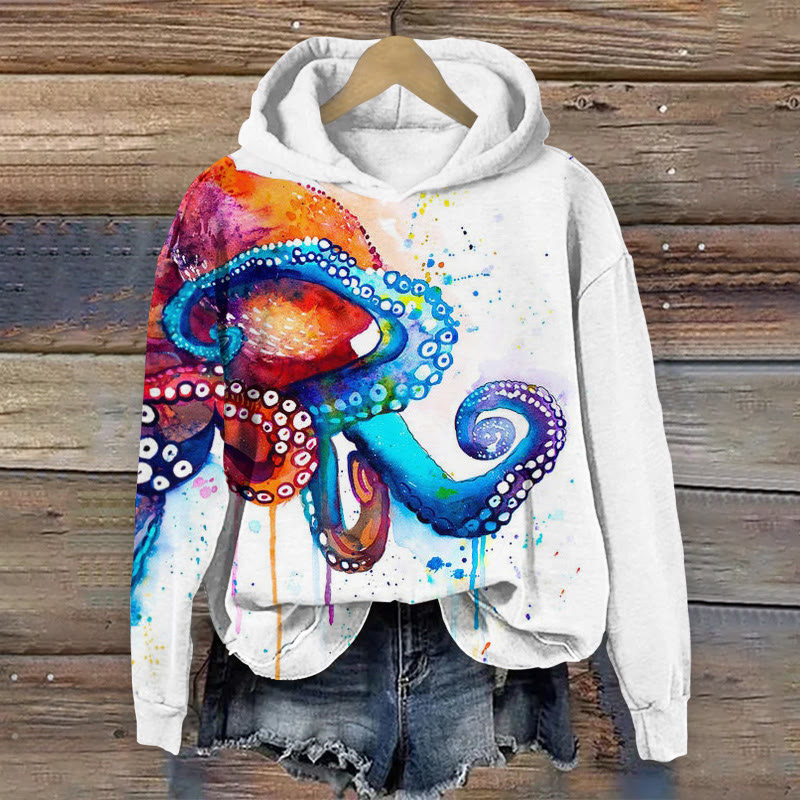 Watercolor Octopus Art Pattern Long Sleeved Hoodie - White - US44-46(8XL) - image 1