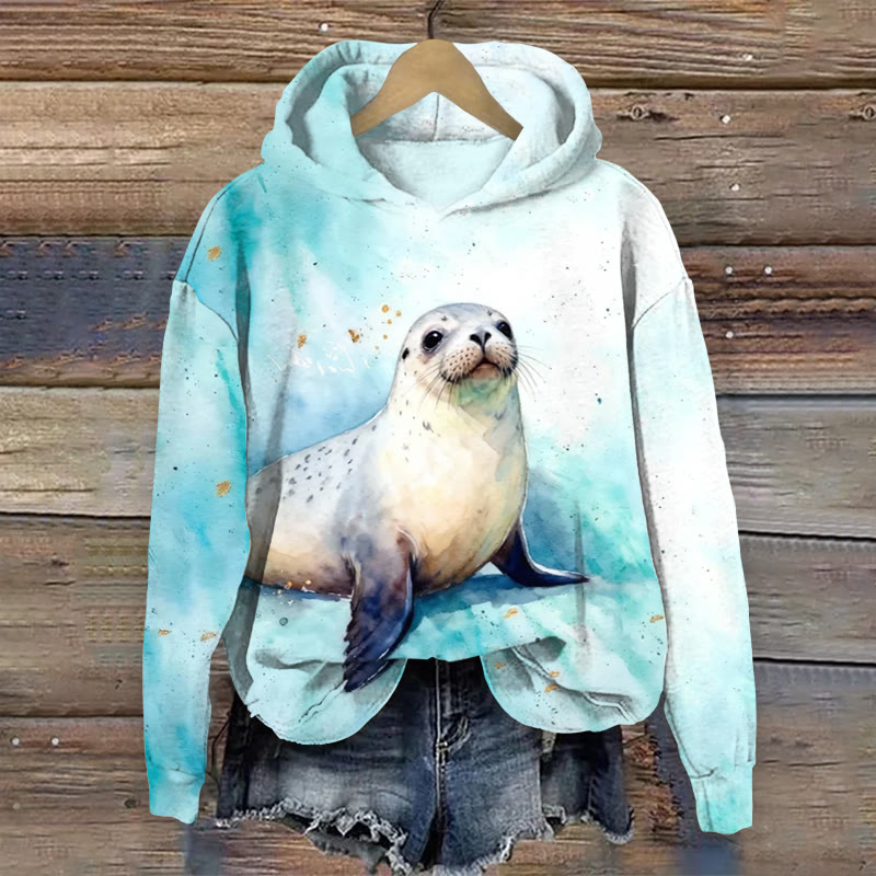 Cute Watercolor Seal Art  Pattern Long Sleeved Hoodie - White - US44-46(8XL) - image 1