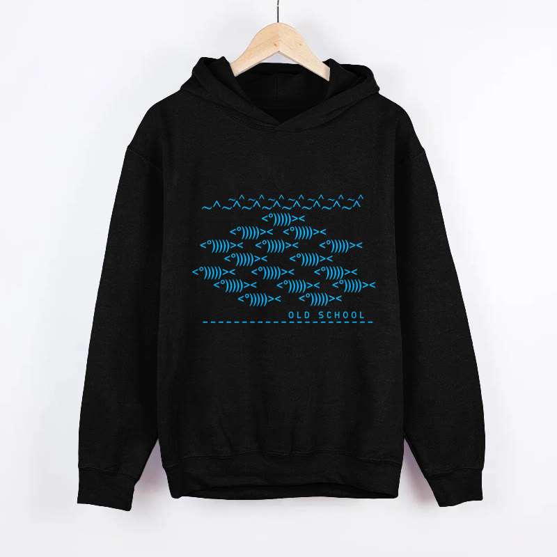 Unisex Old School Fish Geek Print Long Sleeved Hoodie - Black - US44-46(8XL) - image 2