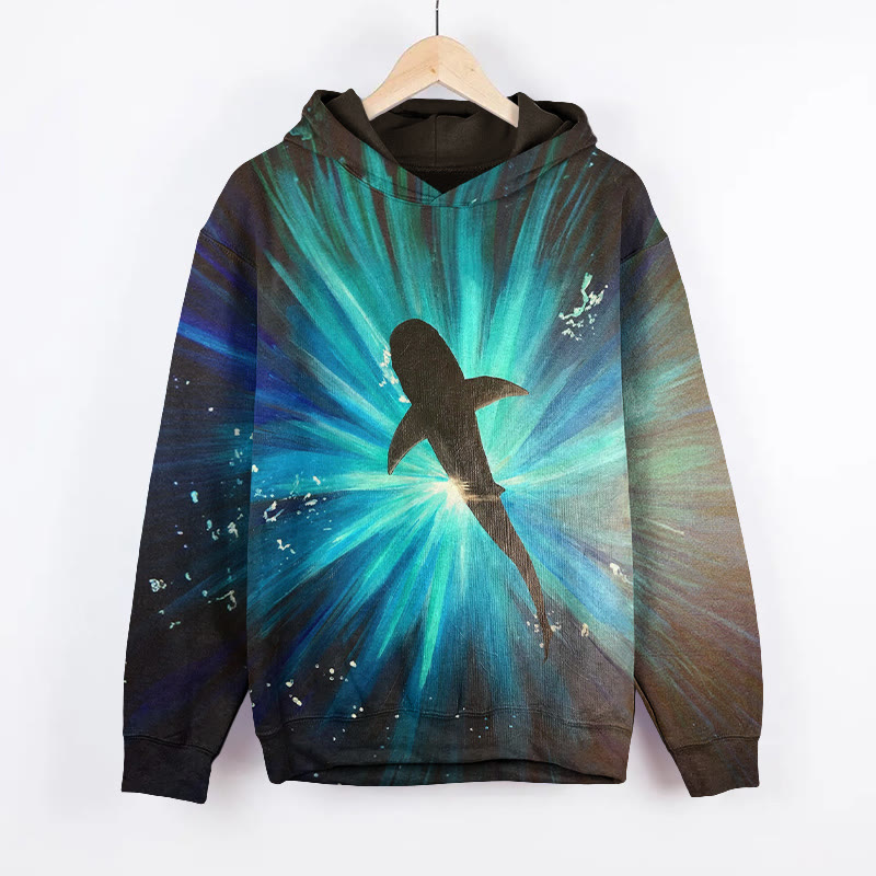 Unisex Aurora Whale Print Long Sleeved Hoodie - Blue - US44-46(8XL) - image 1