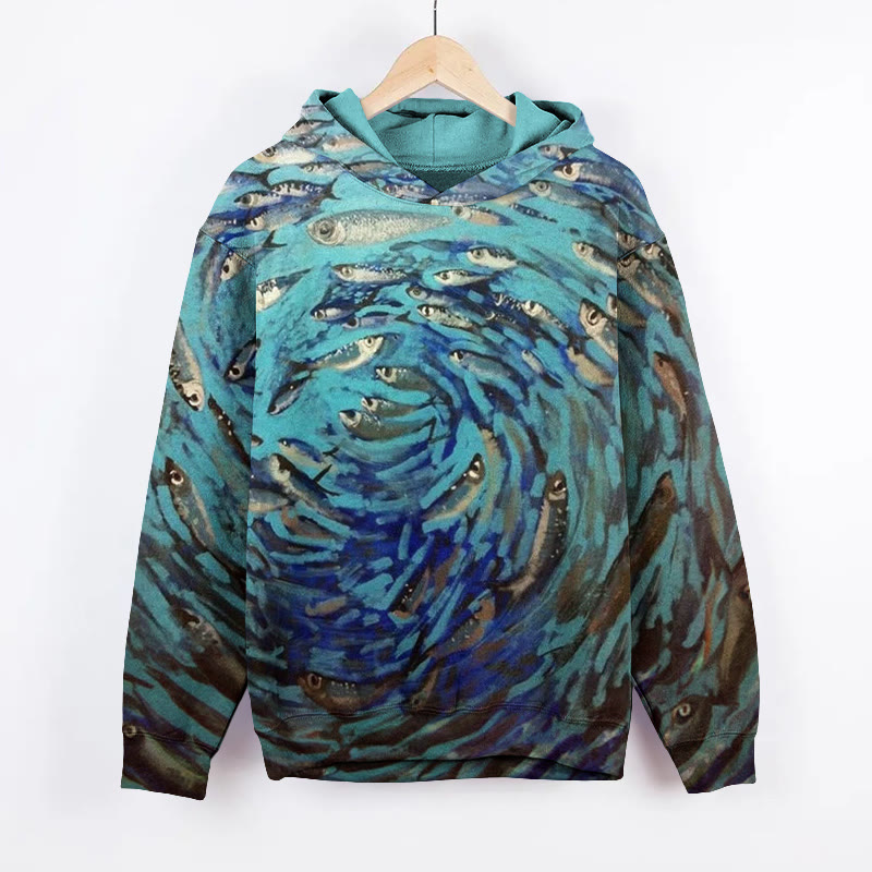 Unisex School Of Fish In The Sea Print Long Sleeved Hoodie - Multicolor - US44-46(8XL) - image 1