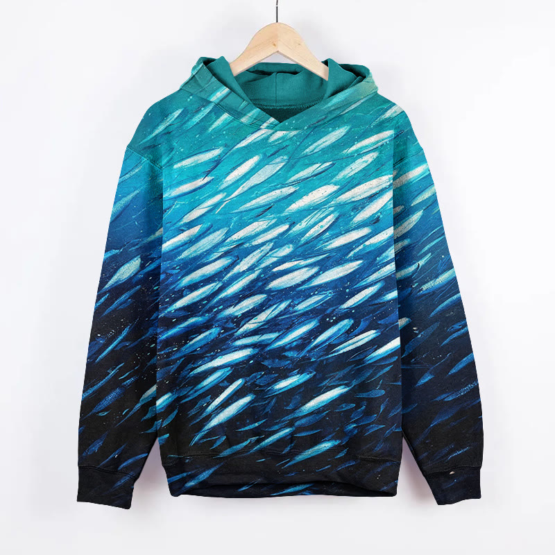 Unisex Gradient Fish School Print Long Sleeved Hoodie - Blue - US44-46(8XL) - image 1