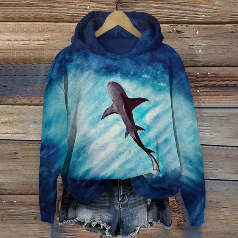Tie-dye Style Whale Art Print Long Sleeved Hoodie - Blue - US44-46(8XL) - image 1