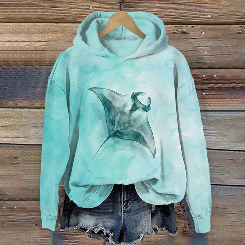 Stingray Watercolor Painting Art Print Long Sleeved Hoodie - Lake Blue - US44-46(8XL) - image 1
