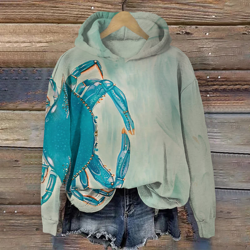 Crab Watercolor Painting Print Long Sleeved Hoodie - Green - US44-46(8XL) - image 1