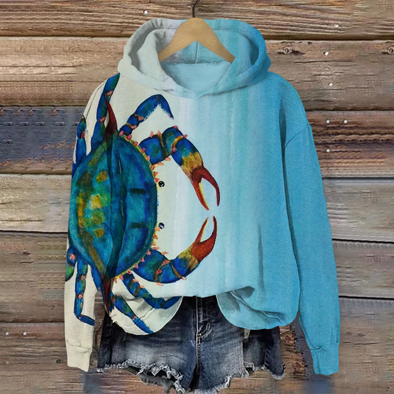 Crab Watercolor Painting Art Print Long Sleeved Hoodie - Blue - US44-46(8XL) - image 1
