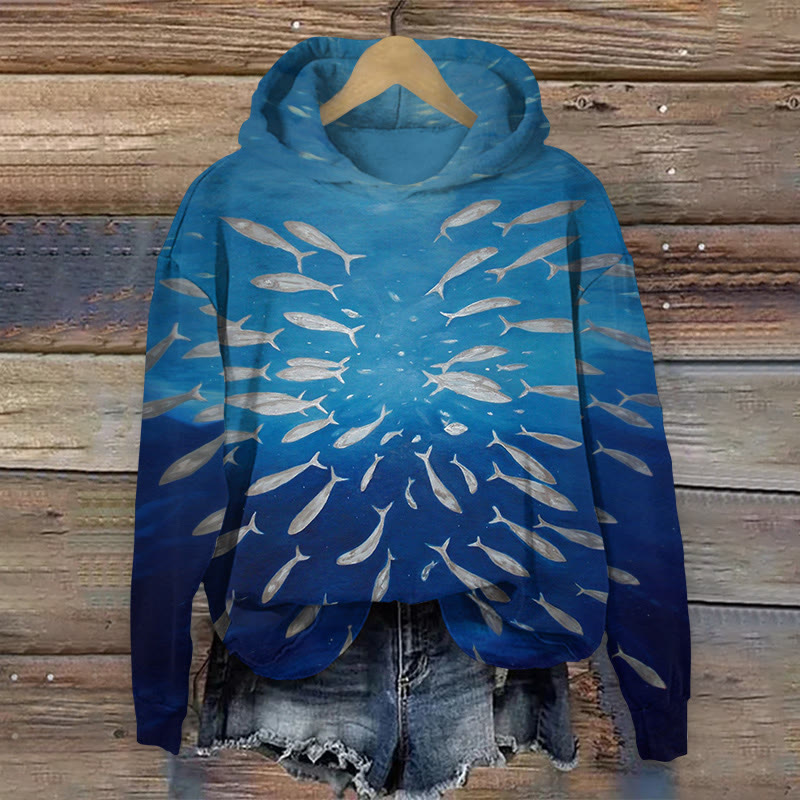 Deep-sea Fish School Artistic Painting Print Long Sleeved Hoodie - Blue - US44-46(8XL) - image 1