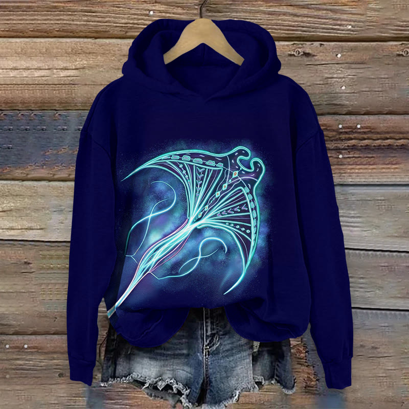 Dreamy Manta Ray Pattern Art Print Long Sleeved Hoodie - Navy Blue - US44-46(8XL) - image 1