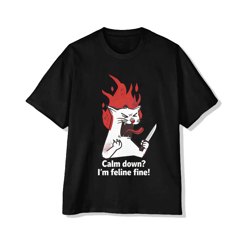 Unisex I'm Feline Fine Print Short Sleeved Crew Neck T-Shirt - Black - 2XL - image 2