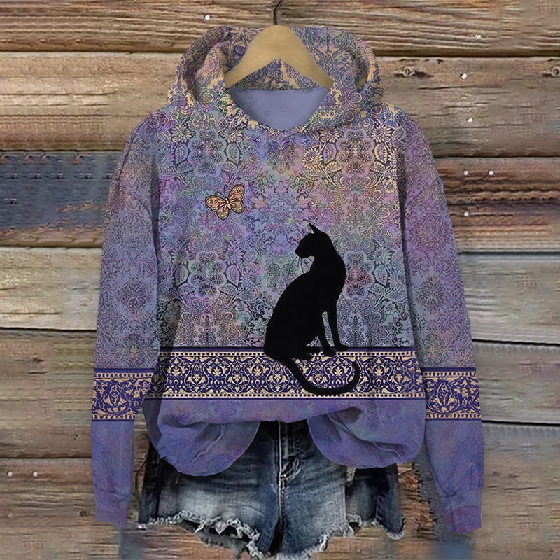 Vintage Flowers And Cats Print Long Sleeved Hoodie - Purple - US44-46(8XL) - image 1