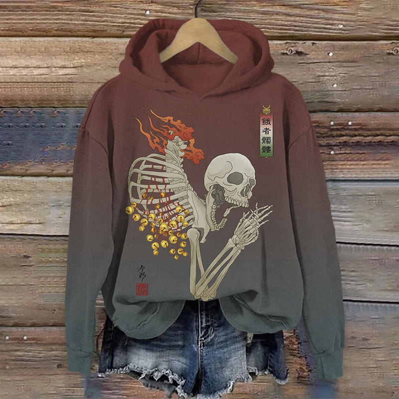 Japanese Art-inspired Vintage Skull Print Long Sleeved Hoodie - Brown - US44-46(8XL) - image 1