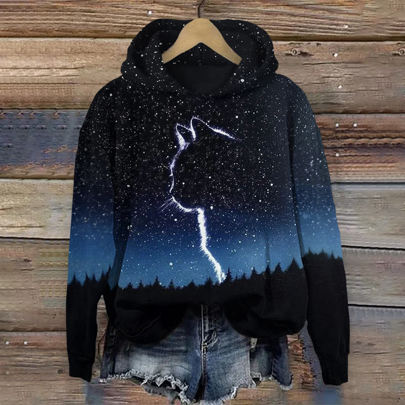 Starry Sky And Cat Silhouette Print Long Sleeved Hoodie - Black - US44-46(8XL) - image 1