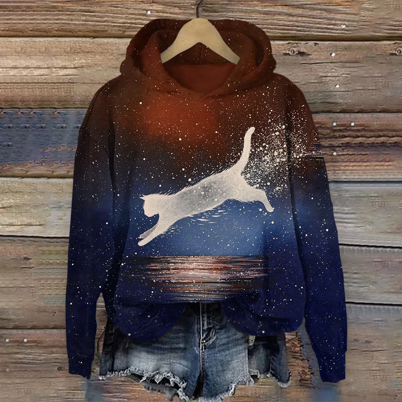 Dreamy Starry Sky Cat Print Long Sleeved Hoodie - Black - US44-46(8XL) - image 1
