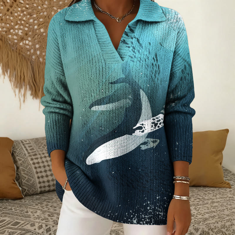 Marine Fish Art Print Polo Collar Long Sleeved Sweater - Lake Blue - 5XL - image 1