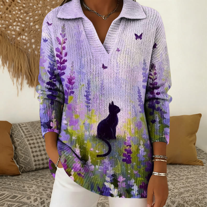 Black Cat in Lavender Field Watercolor Art Print Polo Collar Long Sleeved Sweater - Purple - 5XL - image 1