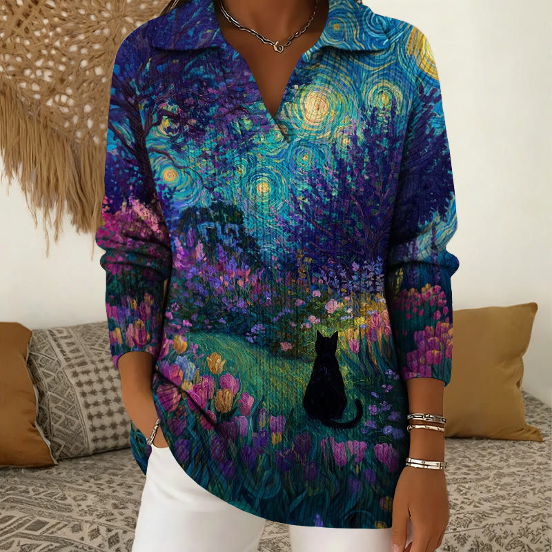 Ethereal Starry Garden Cat  Art Print Polo Collar Long Sleeved Sweater - Dark Blue - 5XL - image 1